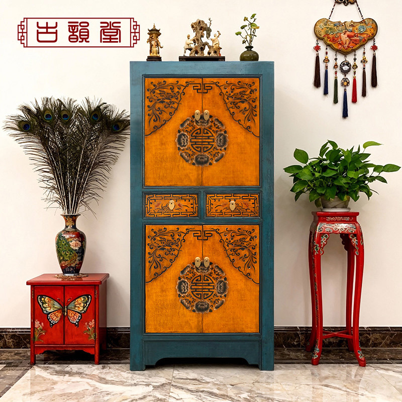 新中式仿古实木鞋柜复古家具手绘沙发边柜装饰柜衣柜卧室小立柜