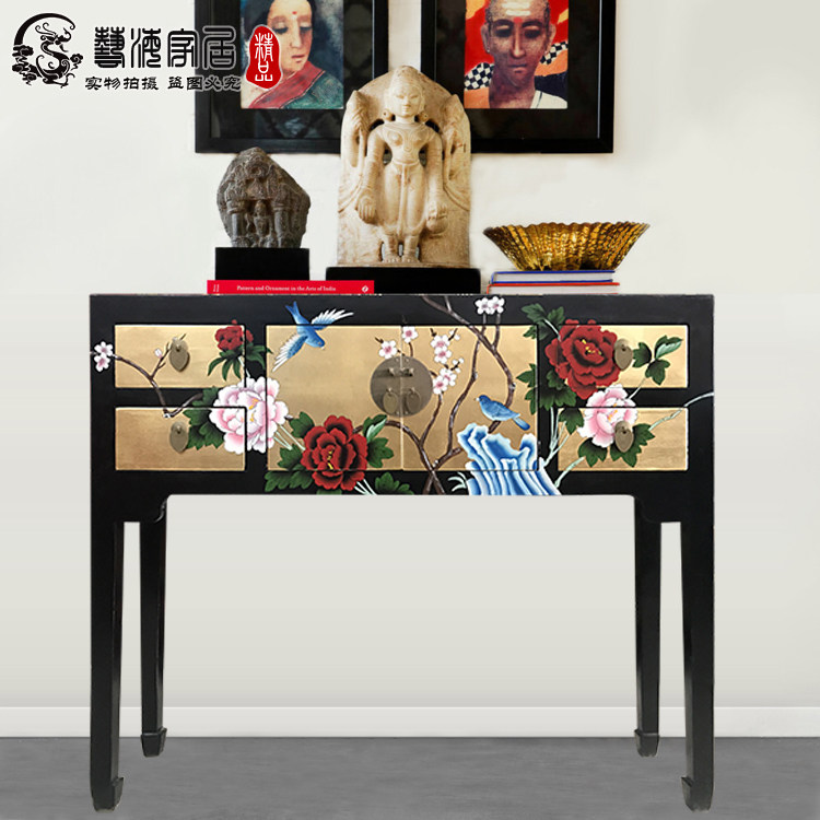 中式实木贴金彩绘花鸟手绘贝格玄关柜玄关桌梳妆台化妆桌家具精品