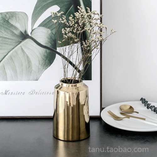 北欧の軽奢な陶磁器は黄銅金の花瓶をめっきします。2つのペンダントは柔らかいです。
