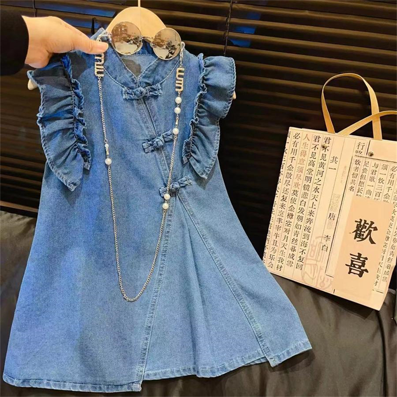 2025夏季新款女童国风木耳边无袖公主牛仔裙女宝宝盘扣旗袍背心裙