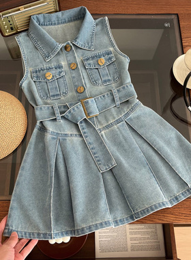 女童时髦无袖牛仔裙2025夏季新款韩版儿童翻领收腰背心连衣裙宝宝
