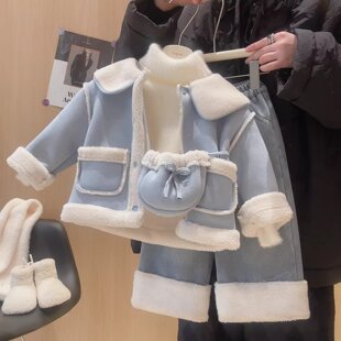 女童皮毛一体羊羔绒外套2025冬季蓝色娃娃领加绒加厚保暖棉服