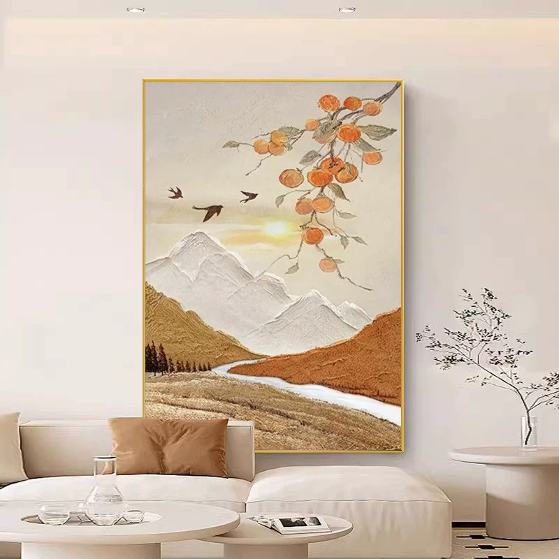 适合大白墙的装饰画柿柿如意山水现代装饰画