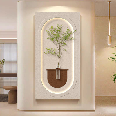 奶油风客厅装饰画创意水培绿植灯光画高档玄关挂画入户正对门壁画