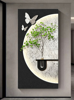 奶油风客厅装饰画创意水培绿植灯光画高档玄关挂画入户正对门壁画