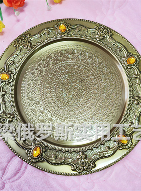 Z100特价俄罗斯锡金属茶托盘果盆flagon款青古铜色桔钻直径30厘米