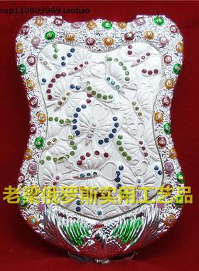 Z2俄罗斯锡金属双面折叠化妆镜子盾形大号美钻美纹银白色蝴蝶群舞