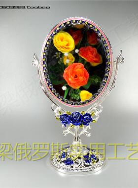 Z2俄罗斯银彩锡合金属双面台式仿古化妆镜椭圆中号银边白色蓝玫瑰