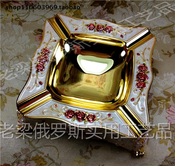 Z3俄罗斯银锡合金属烟灰缸烟缸正方形金边米色红玫瑰花厚重礼盒装