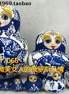 Z2俄罗斯美女套娃10层大肚娃雪娃蓝色底白花椴木实木