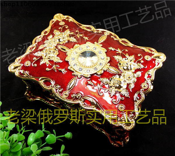 Z3俄罗斯锡金属珠宝首饰盒长方形双层大号向日葵角圆钻红色玫瑰花