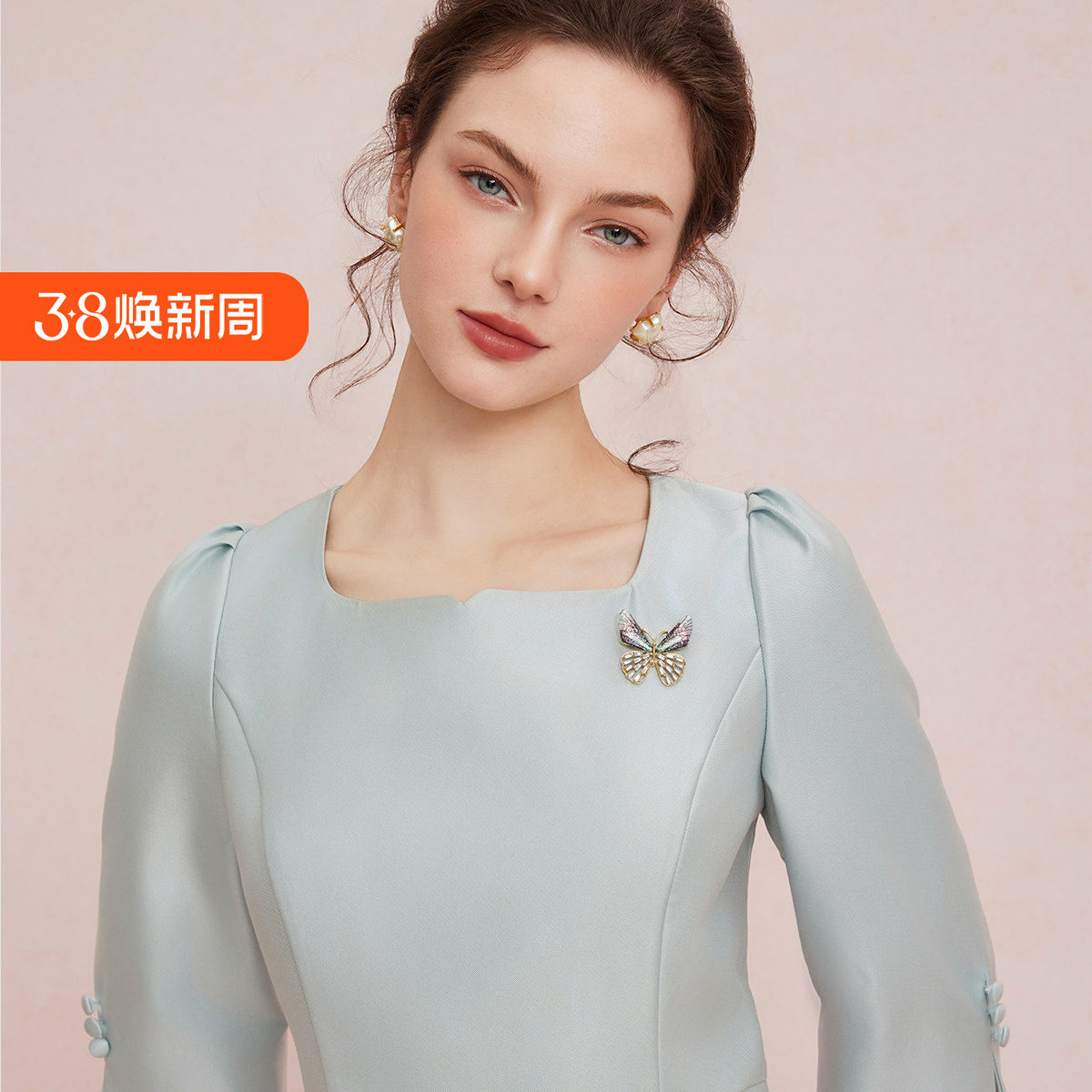 斯尔丽25夏季新款气质轻奢法式修身送镶钻胸花宴会礼服显高连衣裙