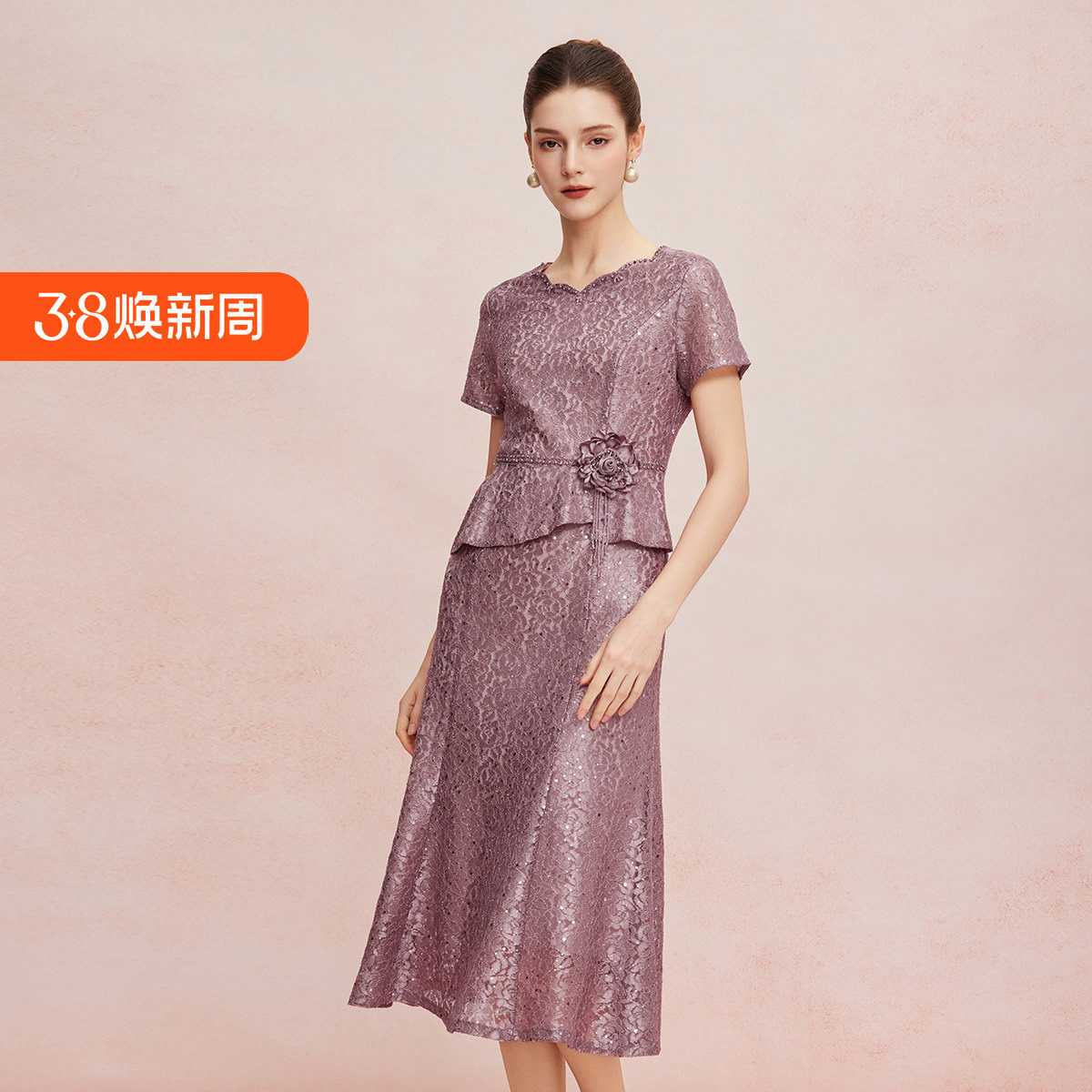 斯尔丽25新款华丽礼服立体盘花假两件刺绣蕾丝温柔端庄显瘦连衣裙