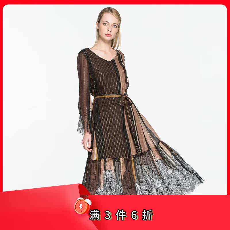 斯尔丽瑟俪春季新款真丝拼蕾丝连衣裙