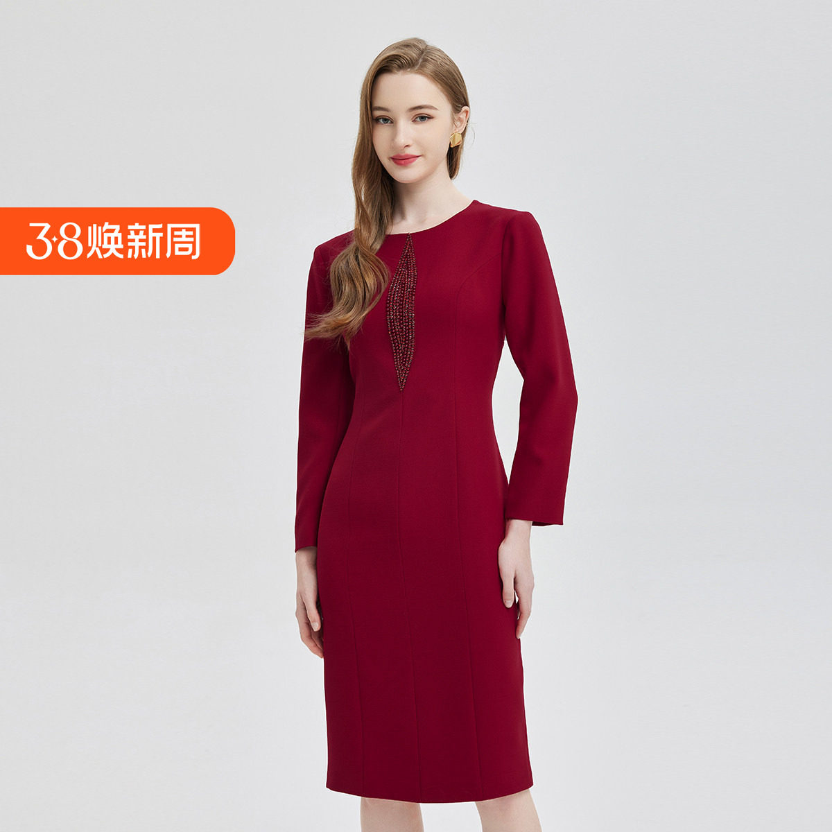 斯尔丽2024新款欧式钉珠钻收腰礼服宴会连衣裙