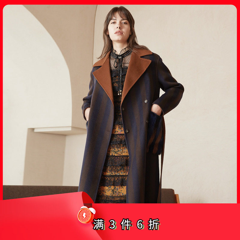 瑟俪冬季新品水貂拼色口袋条纹女式大衣