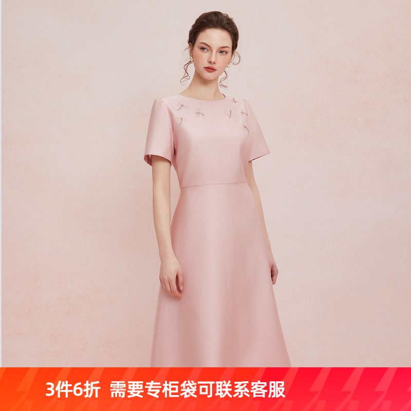 斯尔丽25新款刺绣钉珠收腰A摆宴会礼服精致奢华连衣裙