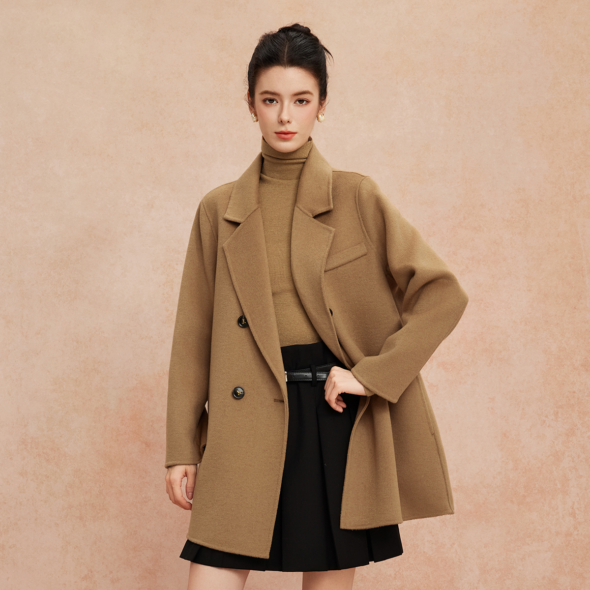 斯尔丽25新款一手长小个子直身简约百搭通勤双面呢羊毛短大衣