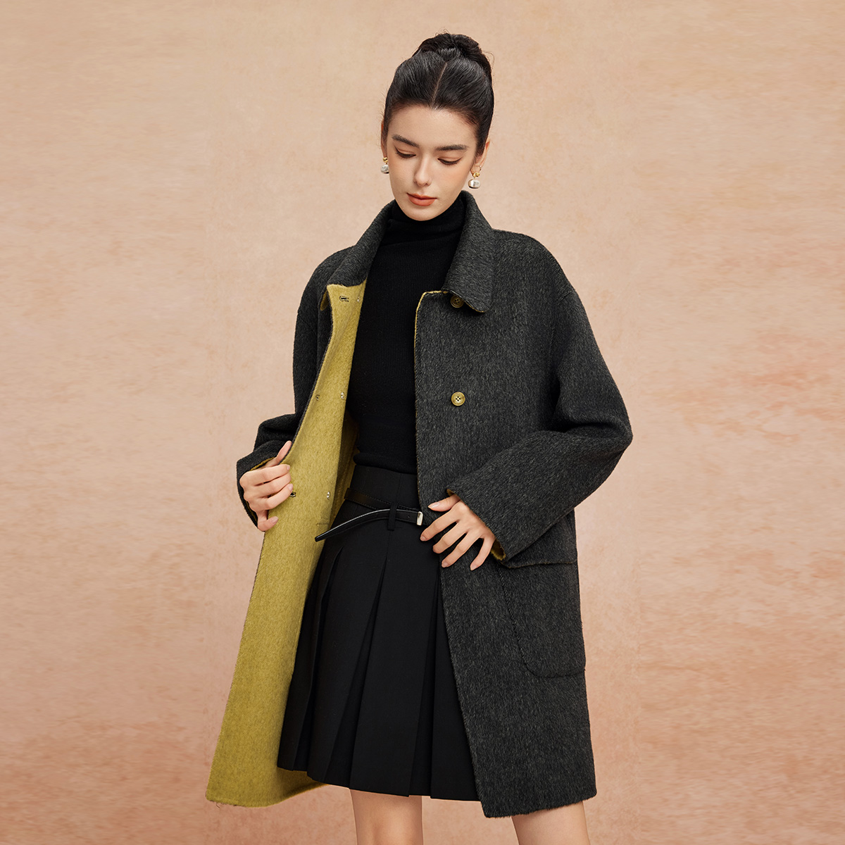 斯尔丽2025新款含山羊绒双面双色韩版简洁大方OL通勤羊毛大衣