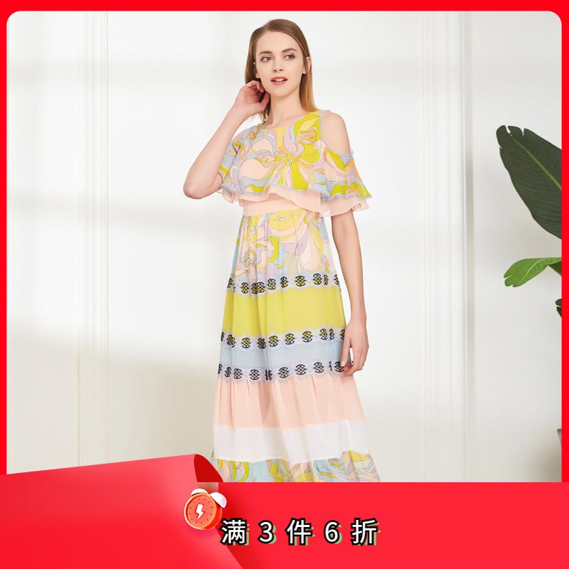 斯尔丽夏季新品 桑蚕丝 撞色修身 中长款真丝连衣裙