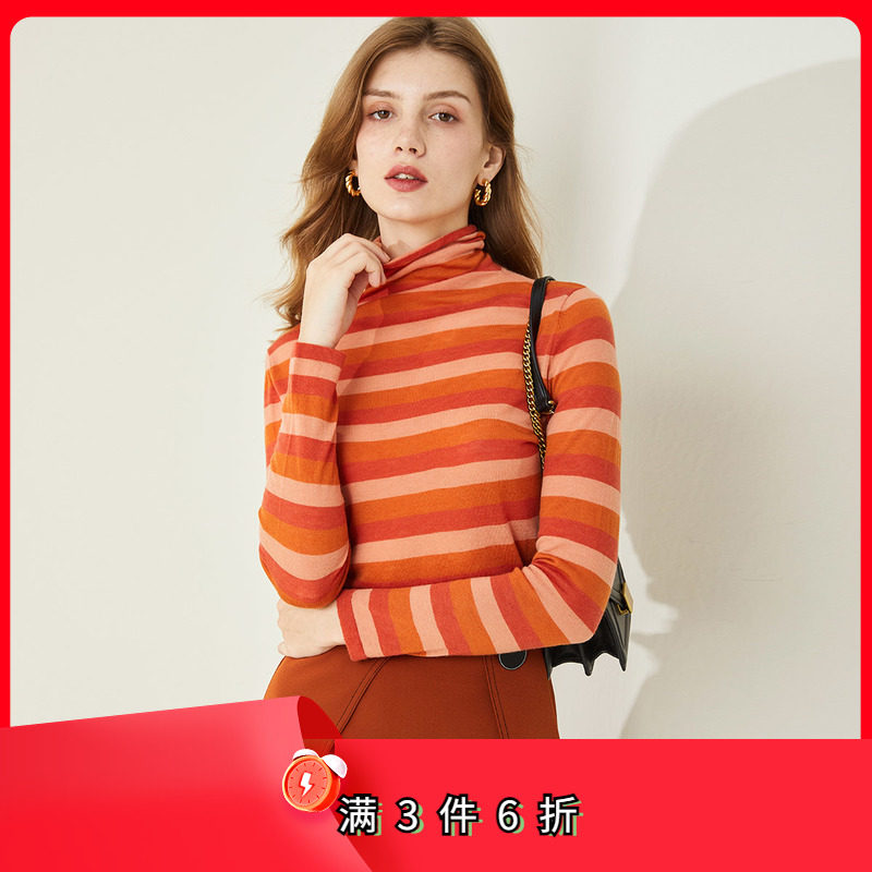 斯尔丽瑟俪2021年秋季上新条纹高领套头女士上衣打底衫针织衫