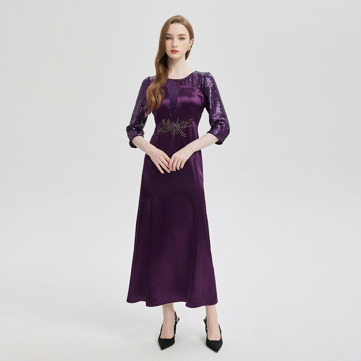 斯尔丽24春夏新品礼服系列拼接闪亮柔软亮片连衣裙