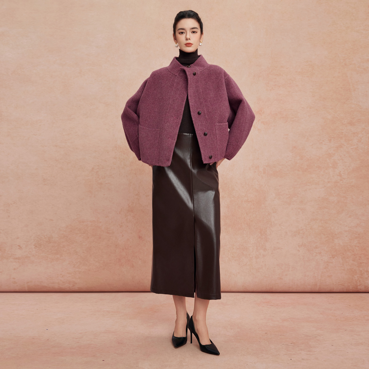 斯尔丽2025新款廓形大方宽松显瘦小个子双面羊毛短款女式大衣