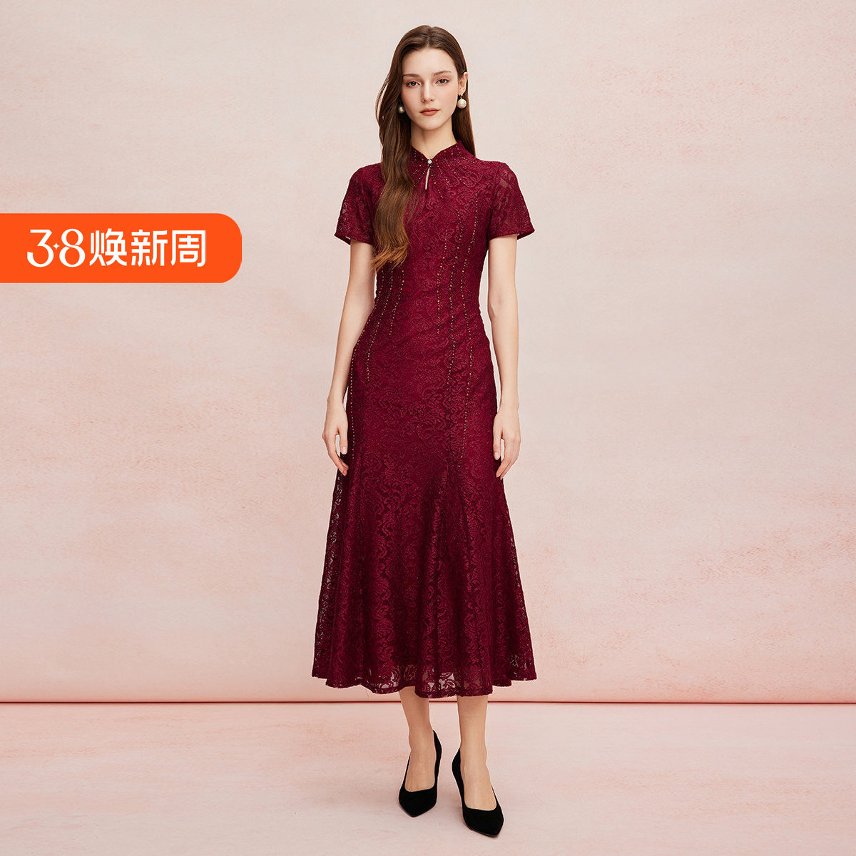 斯尔丽25新款改良旗袍款刺绣蕾丝立体烫钻鱼尾长裙礼服宴会连衣裙