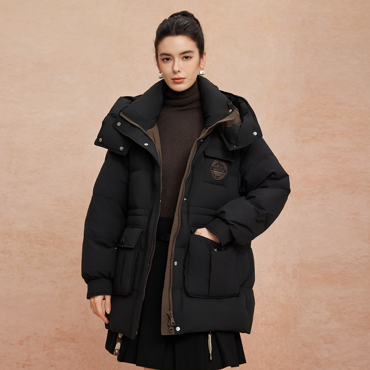 斯尔丽25新款冬季连帽一手长款休闲宽松加厚90绒时尚减龄羽绒服