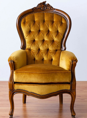 美式实木雕花大小户型单人布艺沙发椅美式别墅客厅会客椅老虎椅