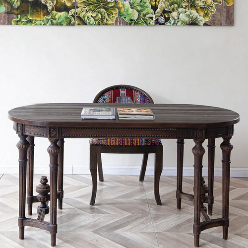 美式复古实木雕花椭圆形餐桌