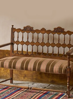 法式复古中古休闲咖啡厅双人实木椅子雕花镂空条纹民宿影楼长椅