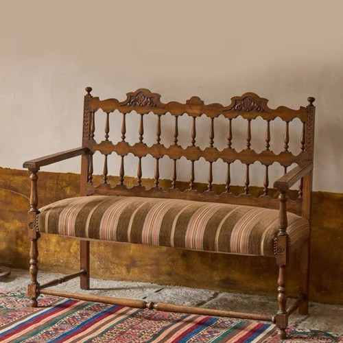 法式复古中古休闲咖啡厅双人实木椅子雕花镂空条纹民宿影楼长椅