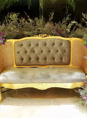 法式实木藤艺实木雕花高端别墅客厅金色婚纱摄影拍摄设计师沙发