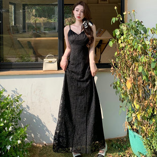 130厘米长原创设计高个子气质名媛修身 显瘦蕾丝到脚裸吊带连衣裙
