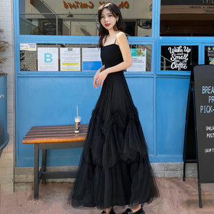 原创设计120多厘米长单穿打底显高显瘦超仙拼接网纱吊带连衣裙春