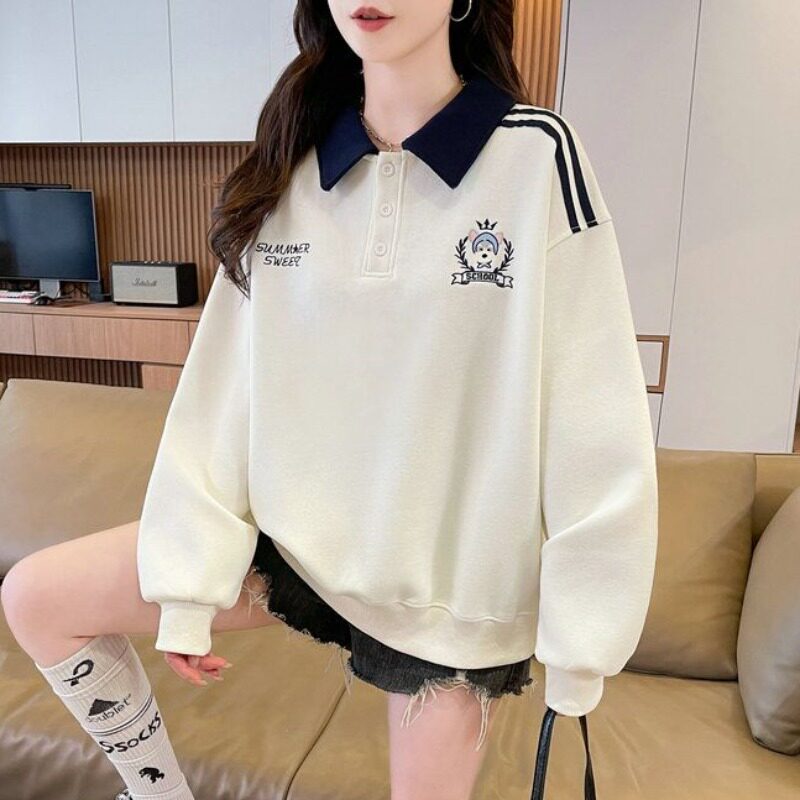 2026秋冬索罗娜POLO领绣花卫衣外套女宽松翻领简约打底衫长袖上衣