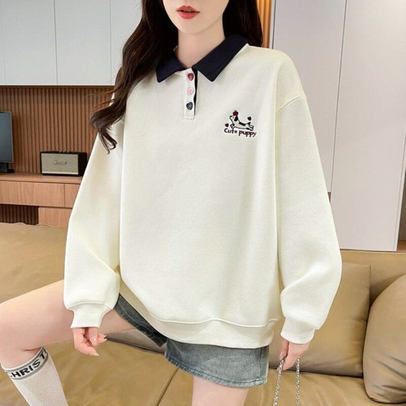 春秋新款洋气刺绣卫衣女索罗那打底衫冬季加绒保暖polo领加厚上衣