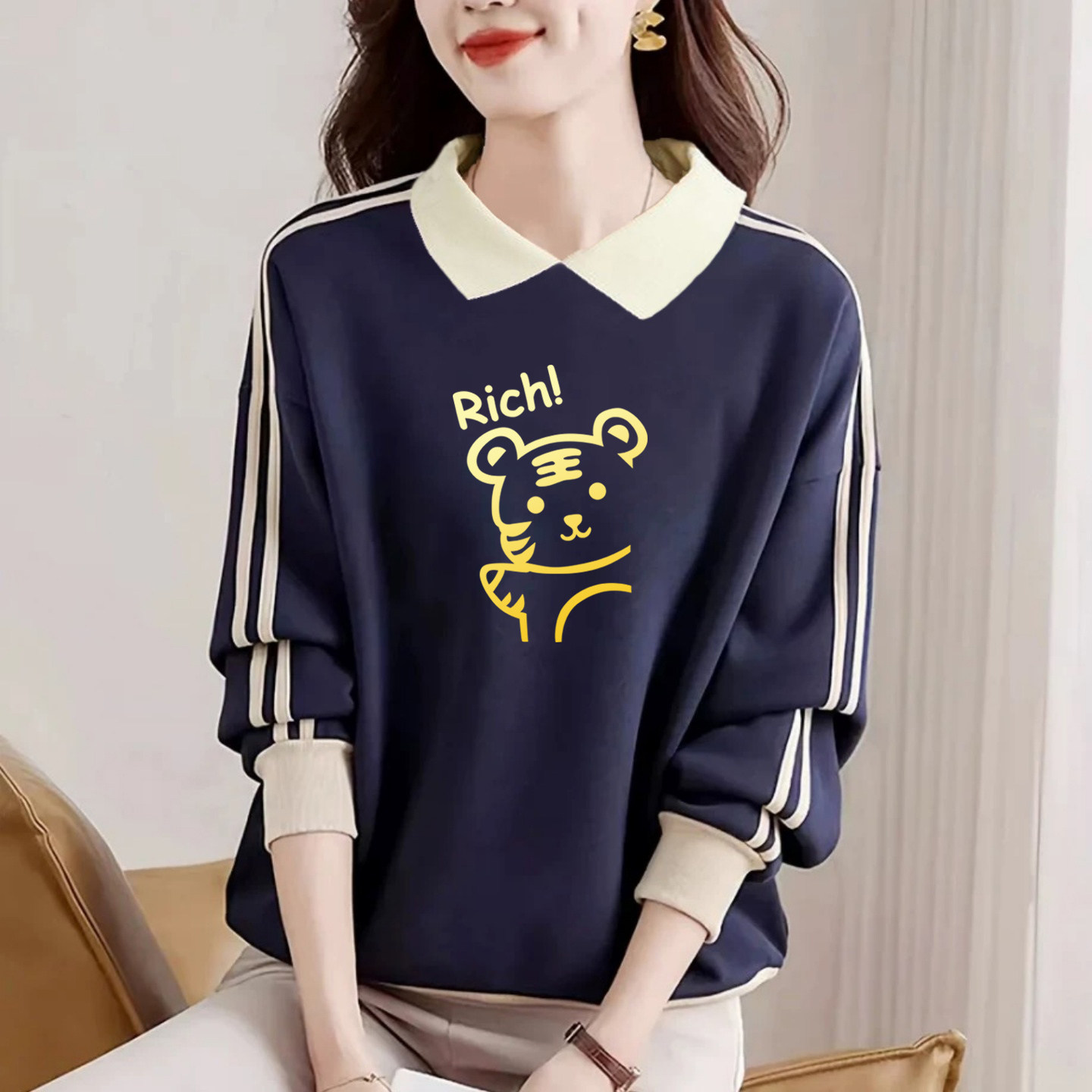 外贸原单女装文艺翻领长袖卫衣百搭打底衫宽松POLO领纯棉外穿上衣,女装/女士精品,大码内搭,淘宝优惠券,粉丝福利购,淘宝优惠卷