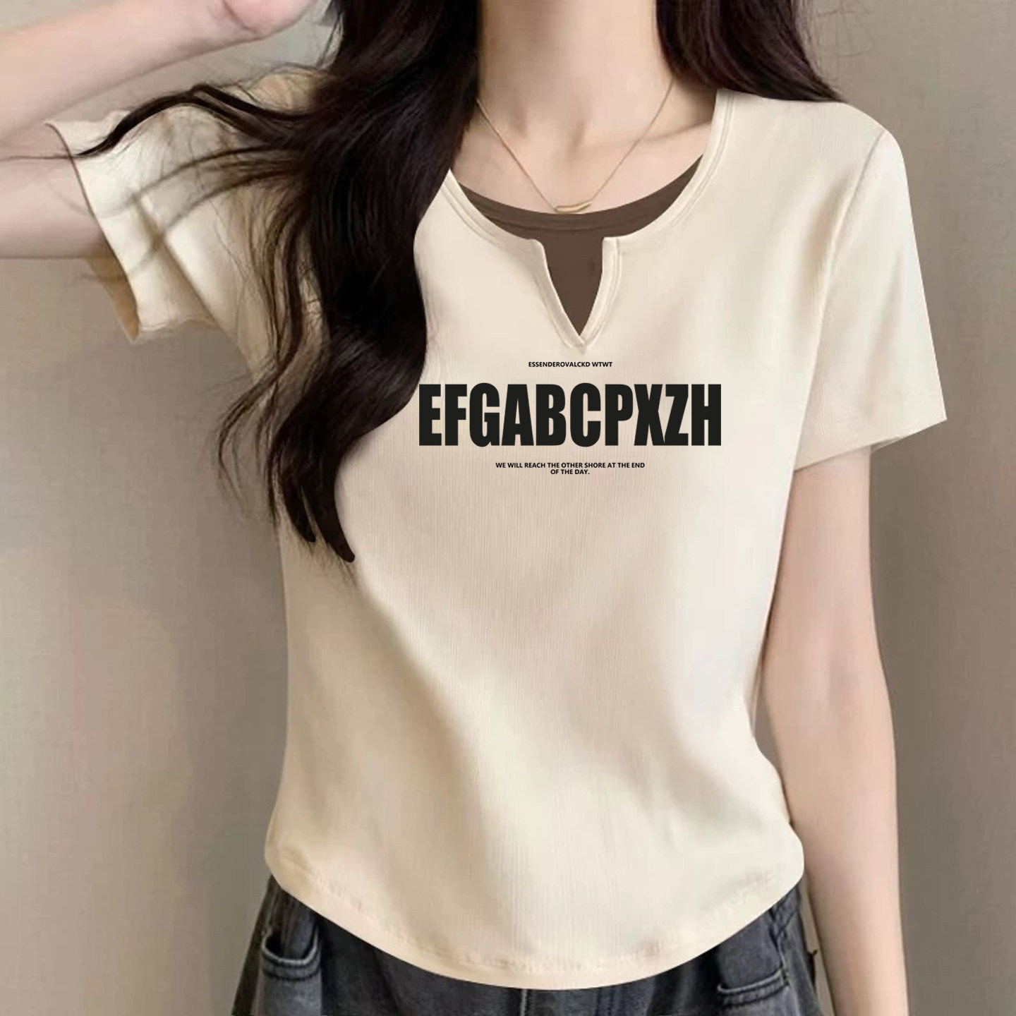 纯棉假两件上衣女正肩短袖t恤衫