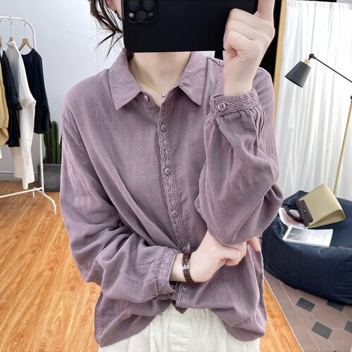 蕾丝拼接纯棉长袖衬衫POLO领上衣