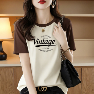 复古风撞色短袖T恤女圆领字母印花2026夏季休闲宽松半袖纯棉上衣