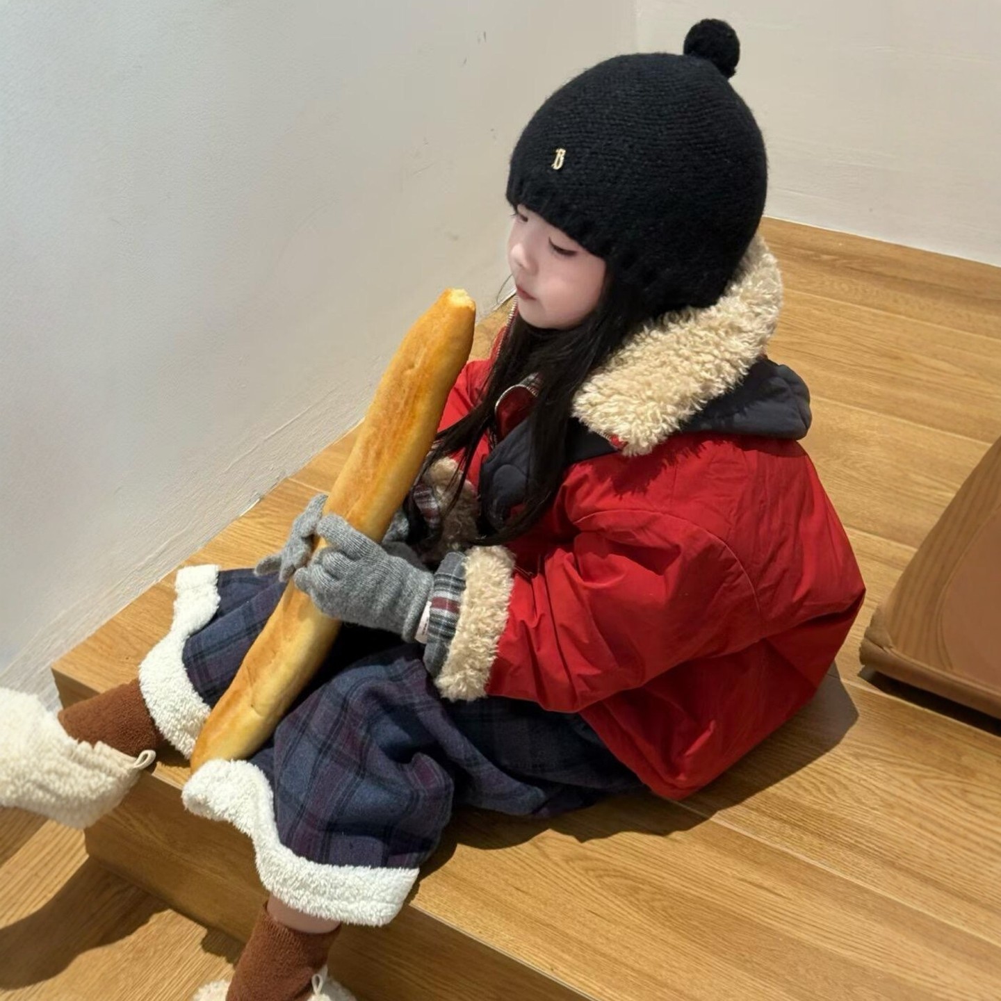 女童秋冬两面穿棉服套装+格子裤