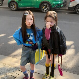 韩国卡通米奇印花卫衣套装女童休闲百搭长袖纯棉T恤上衣牛仔短裤t