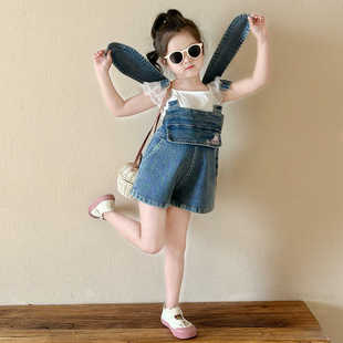 女童装时髦套装洋气夏季薄款牛仔跨栏背心背带短裤宝宝儿童两件套