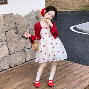 女童红色碎花吊带裙连衣裙套装春季新款儿童针织衫开衫女孩公主裙