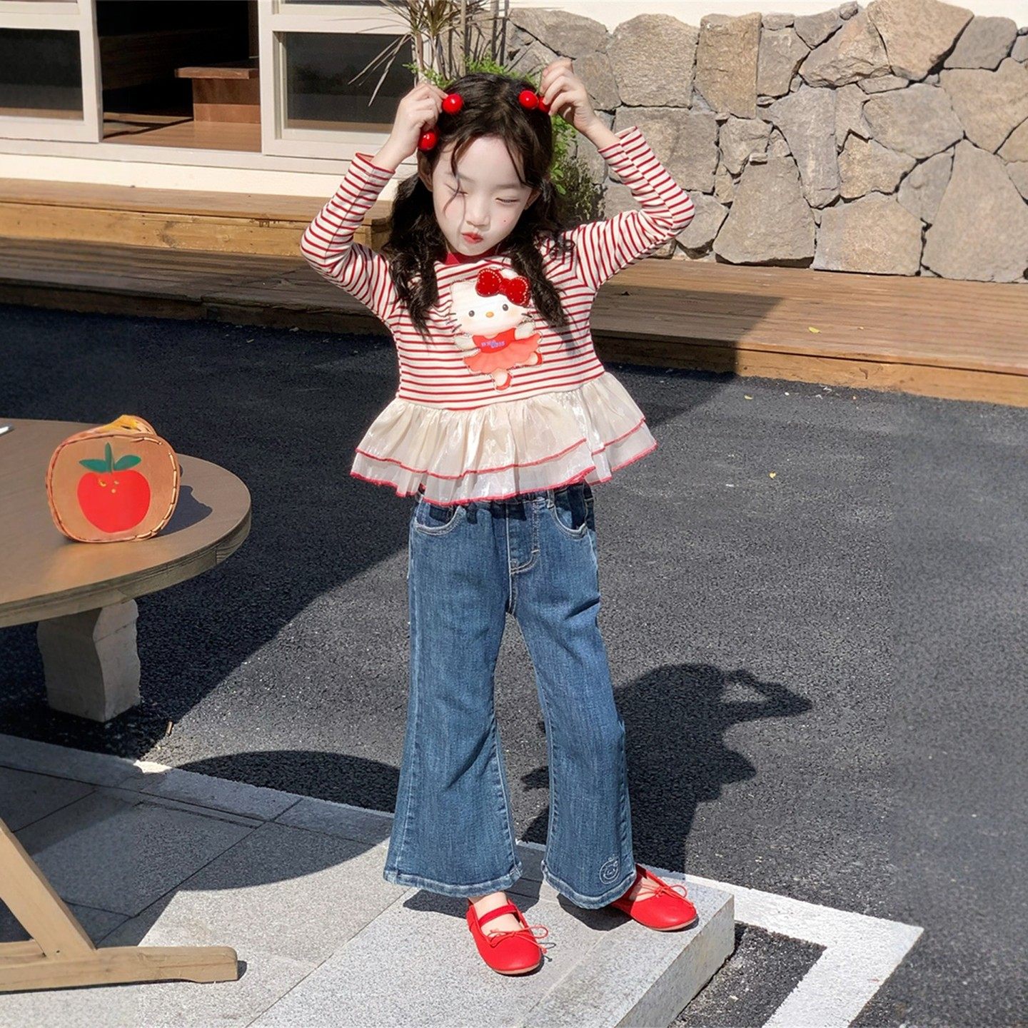 女童条纹荷叶边T恤套装2026春秋新款儿童洋气打底衫喇叭裤度假风t