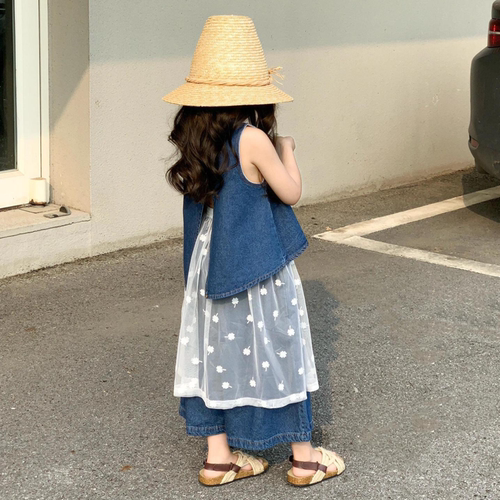 女童夏季牛仔背心屁帘套装薄款