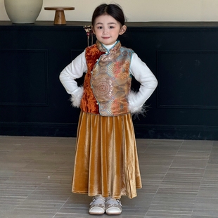 新款 2025冬季 儿童国风旗袍马甲丝绒裙子宝宝拜年服 套装 女童新中式