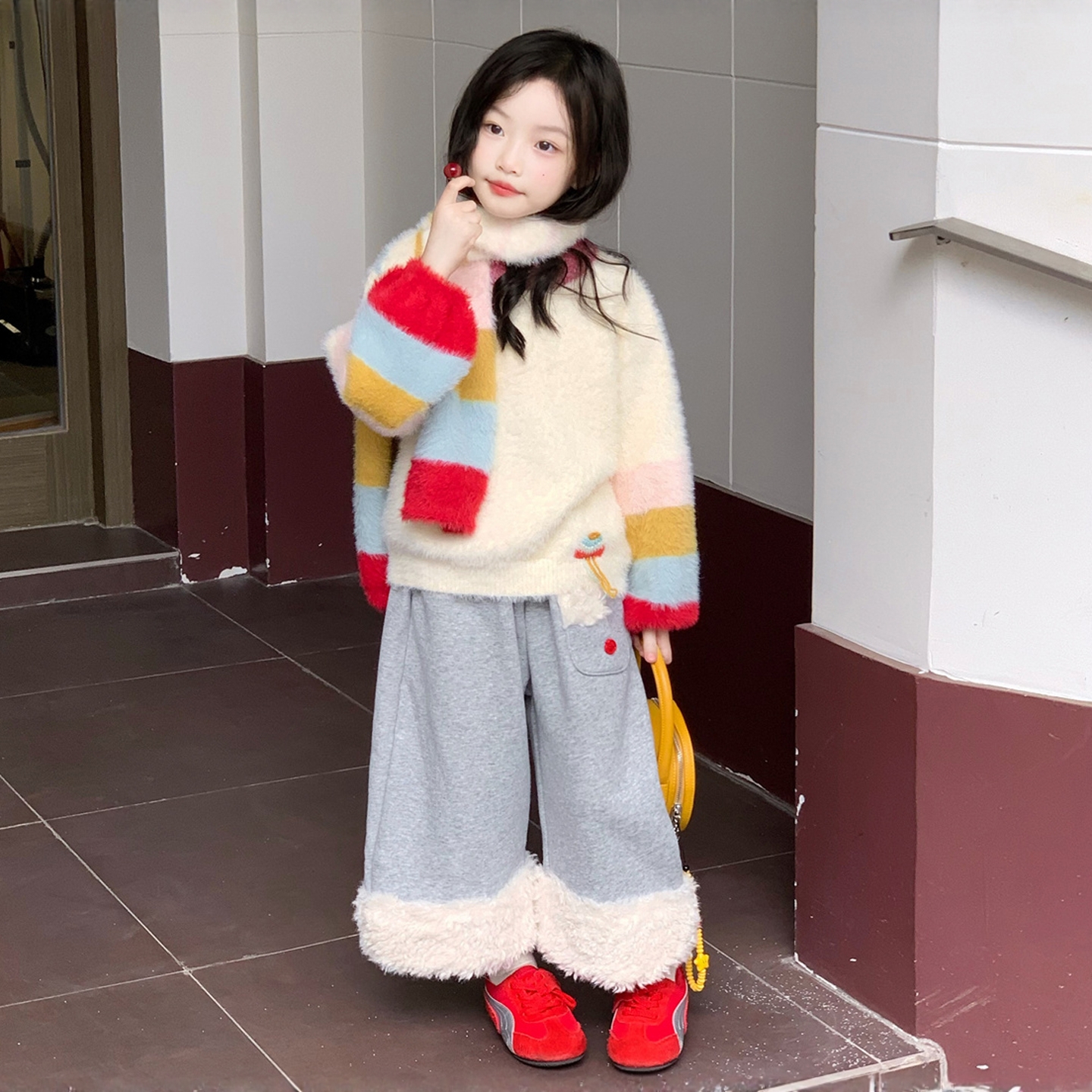 女童秋冬彩虹套头毛衣+卷毛卫裤